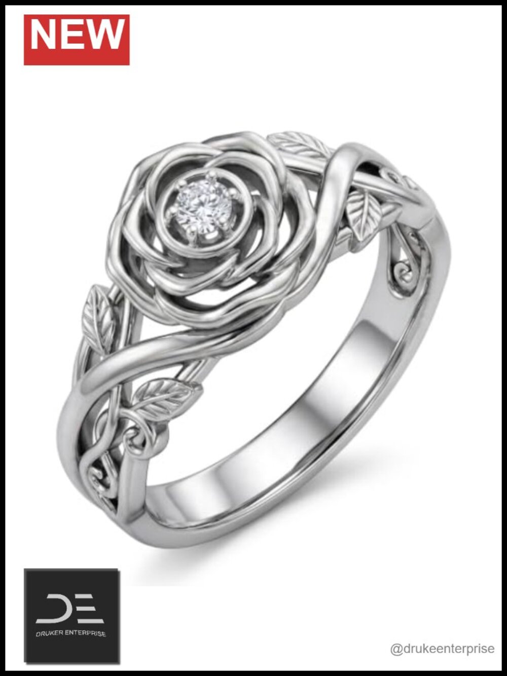 925 Sterling Silver Rose Ring with Lab Grown Diamond for Women